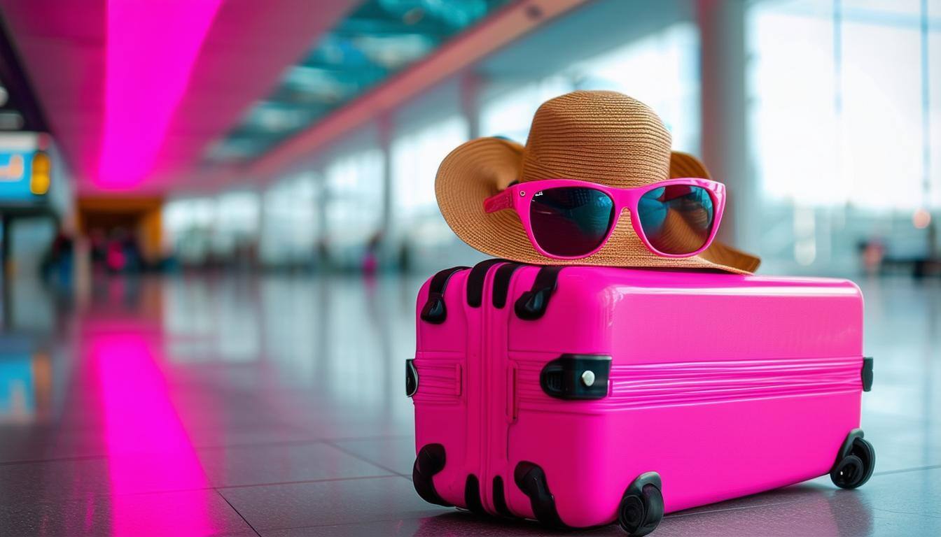 suitcase sunglases sunhat in an airport environment all in neon pink